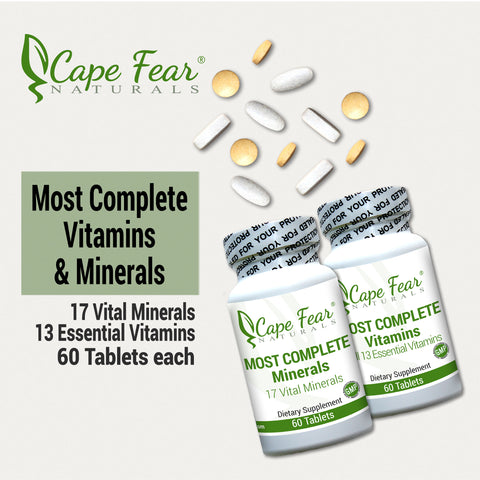 Bottle Images with tablets.  17 Vital Minerals, 13 essential vitamins, 60 tablets each
