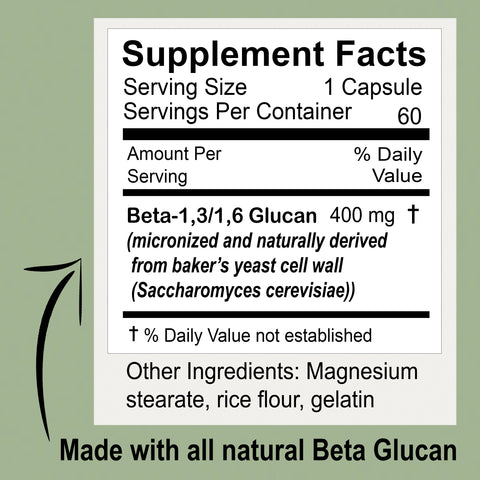 Supplement facts panel, serving size: 1 capsule, servings per container 60, amount per serving 400mg beta-1,3 beta 1,6 glucan (micronized and naturally derived from baker's yeast cell wall, % daily value not established, % daily value not established, other ingredients: magnesium stearate, rice flour, gelatin, 