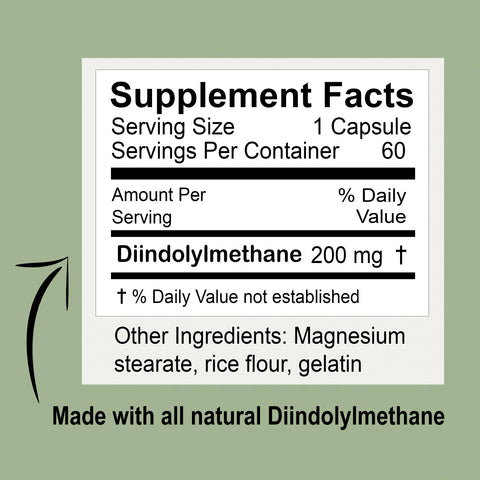 Supplement facts panel, serving size: 1 capsule, servings per container 60, amount per serving 200mg diindolylmethane, other ingredients magnesium stearate, rice flour, gelatin. % daily value not established.  made with all natural diindolylmethane