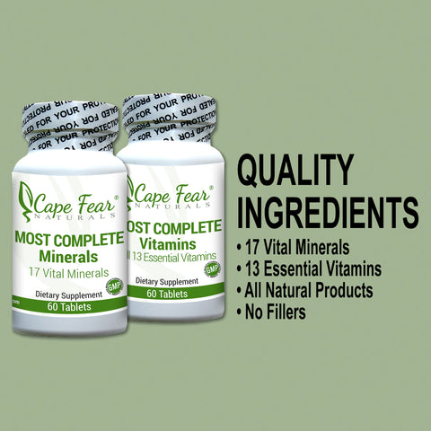 quality ingredients, 17 vital minerals, 13 essental vitamins, all natural products, no fillers