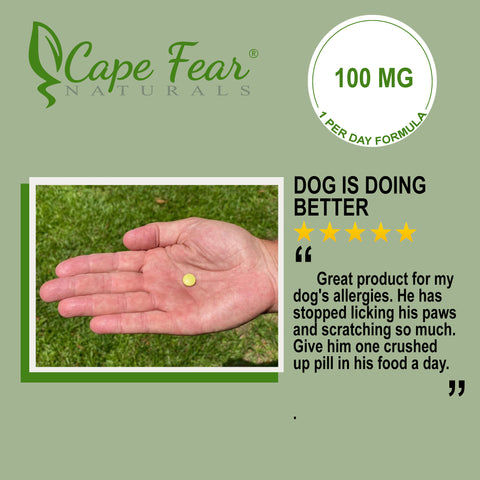1 per day formula, 100 mg each, 5 star review dog is doing better "great poduct for my dog's allergies. he has stopped licking his paws and scratching so much. give him one crushed up pill in his food a day."